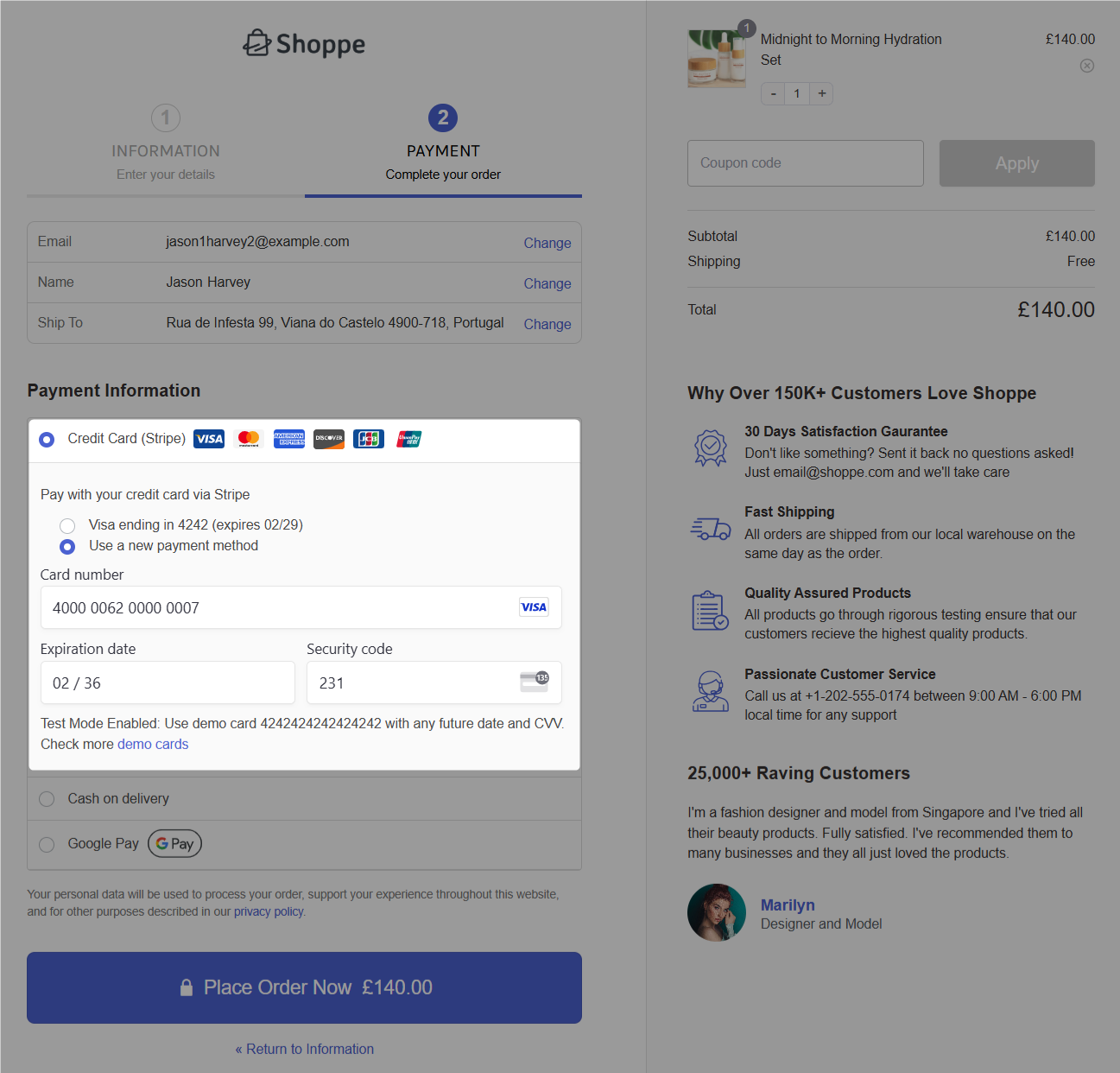 testing international payments with store currency GBP and Stripe test card of Portugal