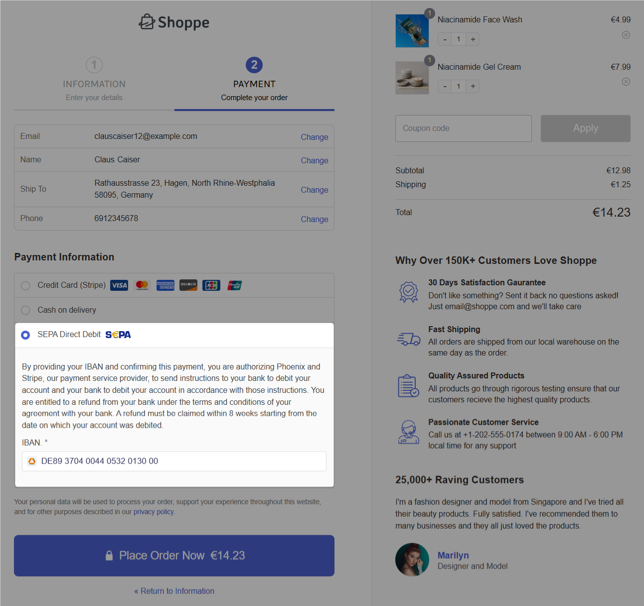 Testing Stripe local payment like SEPA Direct Debit to place the order on the WooCommerce checkout page
