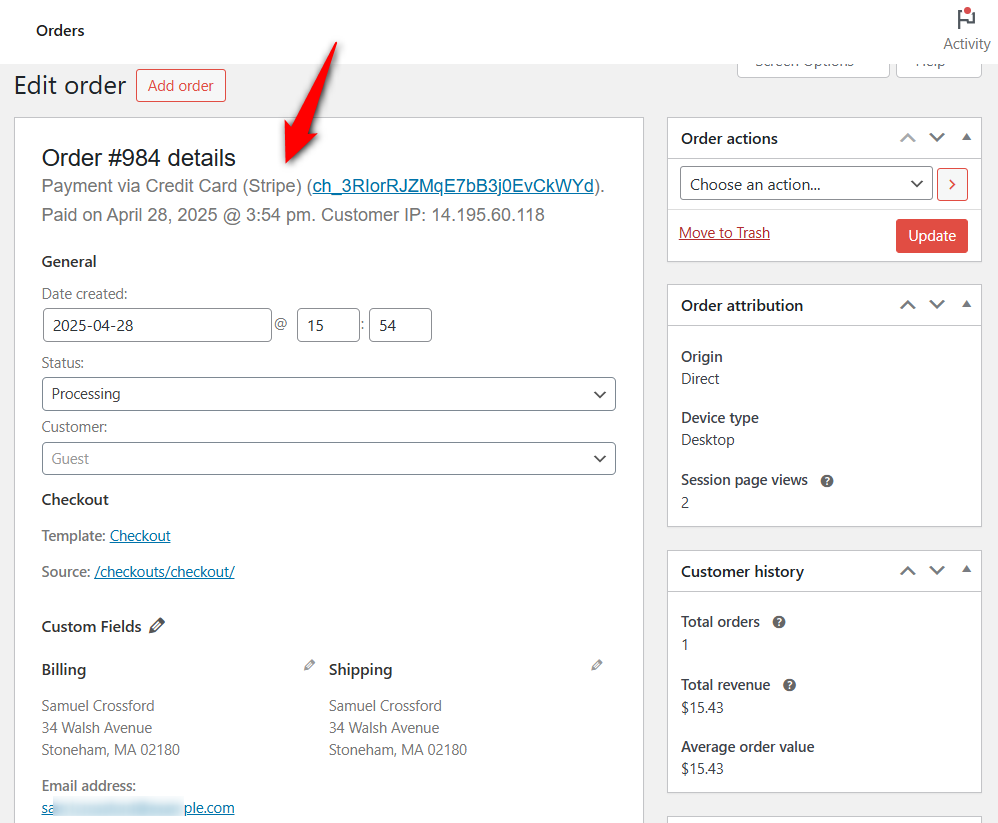 Test order placed successfully, verified in WooCommerce orders and clicking on it to see its details