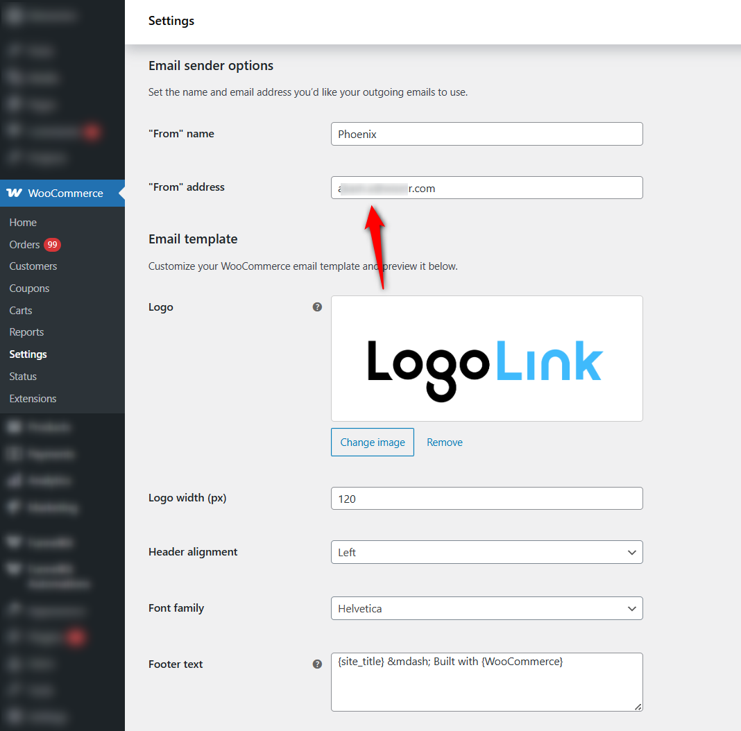 enter the from name and from address in email sender options under woocommerce settings
