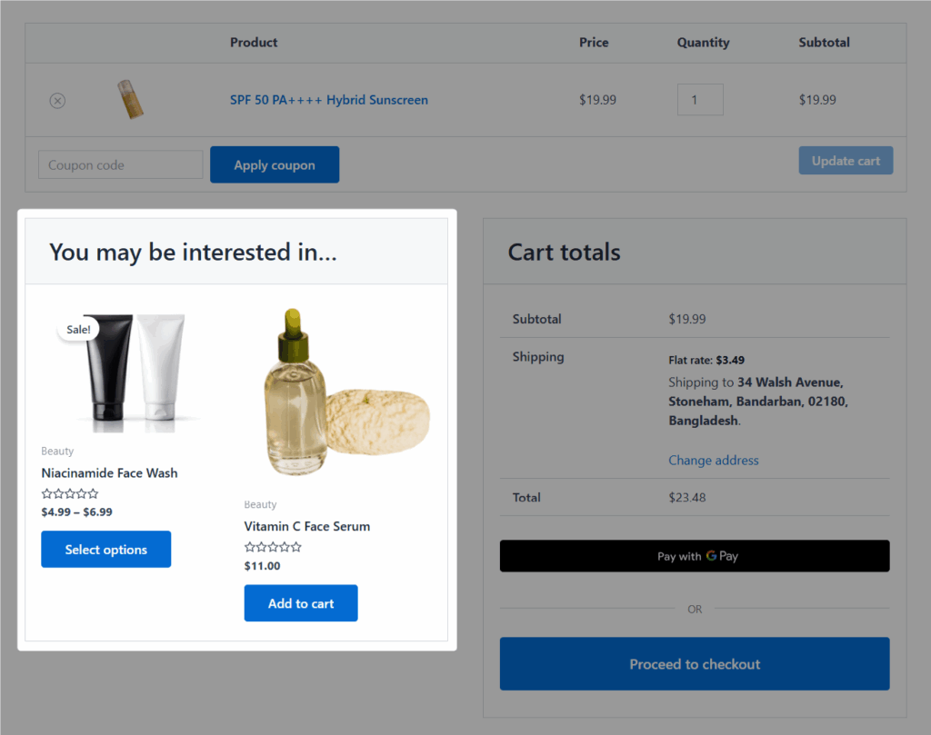 Preview woocommerce upsells on the default cart page