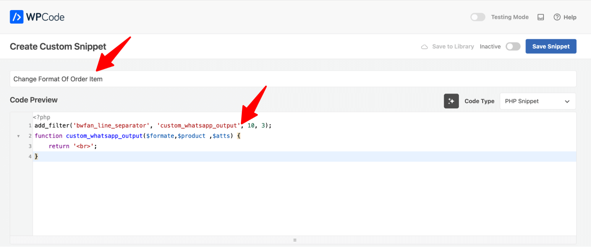 Name custom snippet and add code