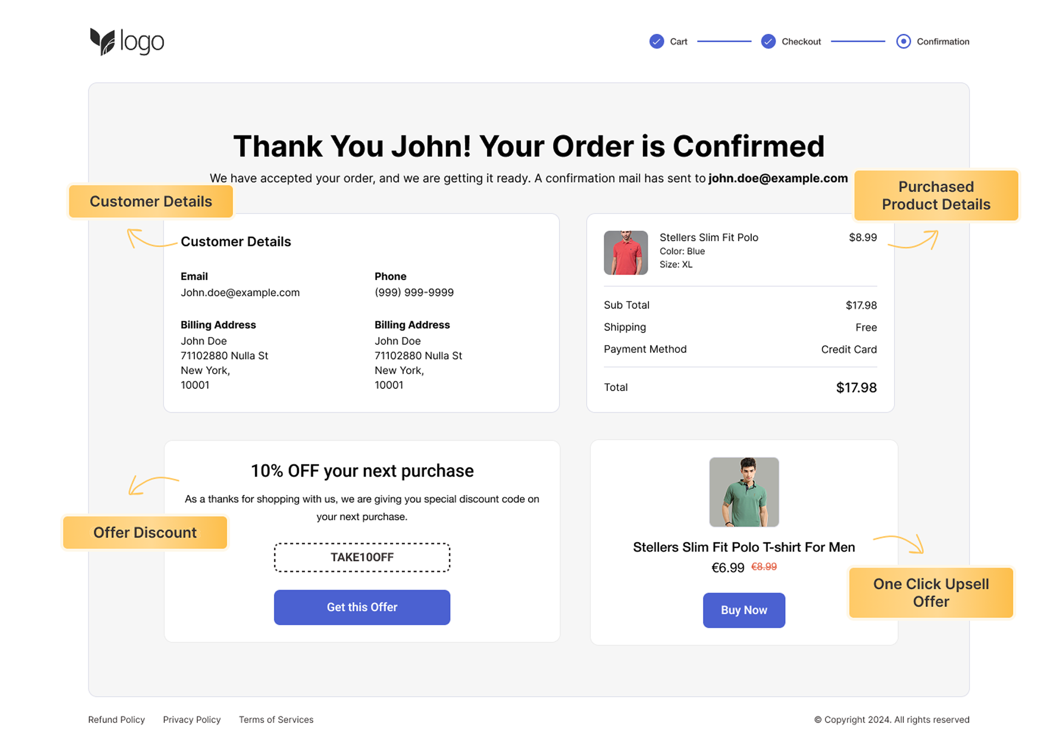 Conversational WooCommerce thank you page with customer details, purchased order details, offer discount and one-click upsell recommendation