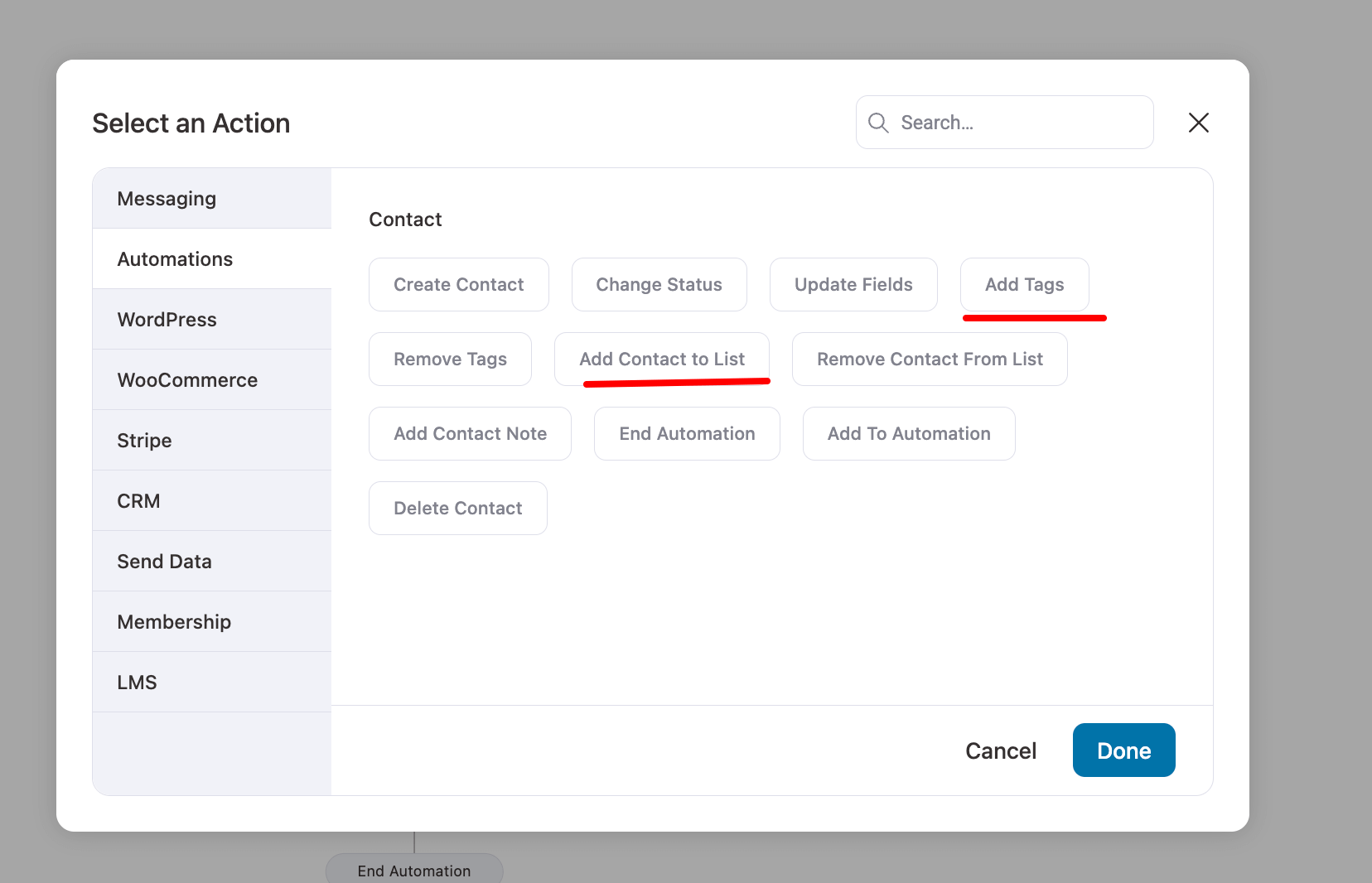 add tags or add contacts to list action