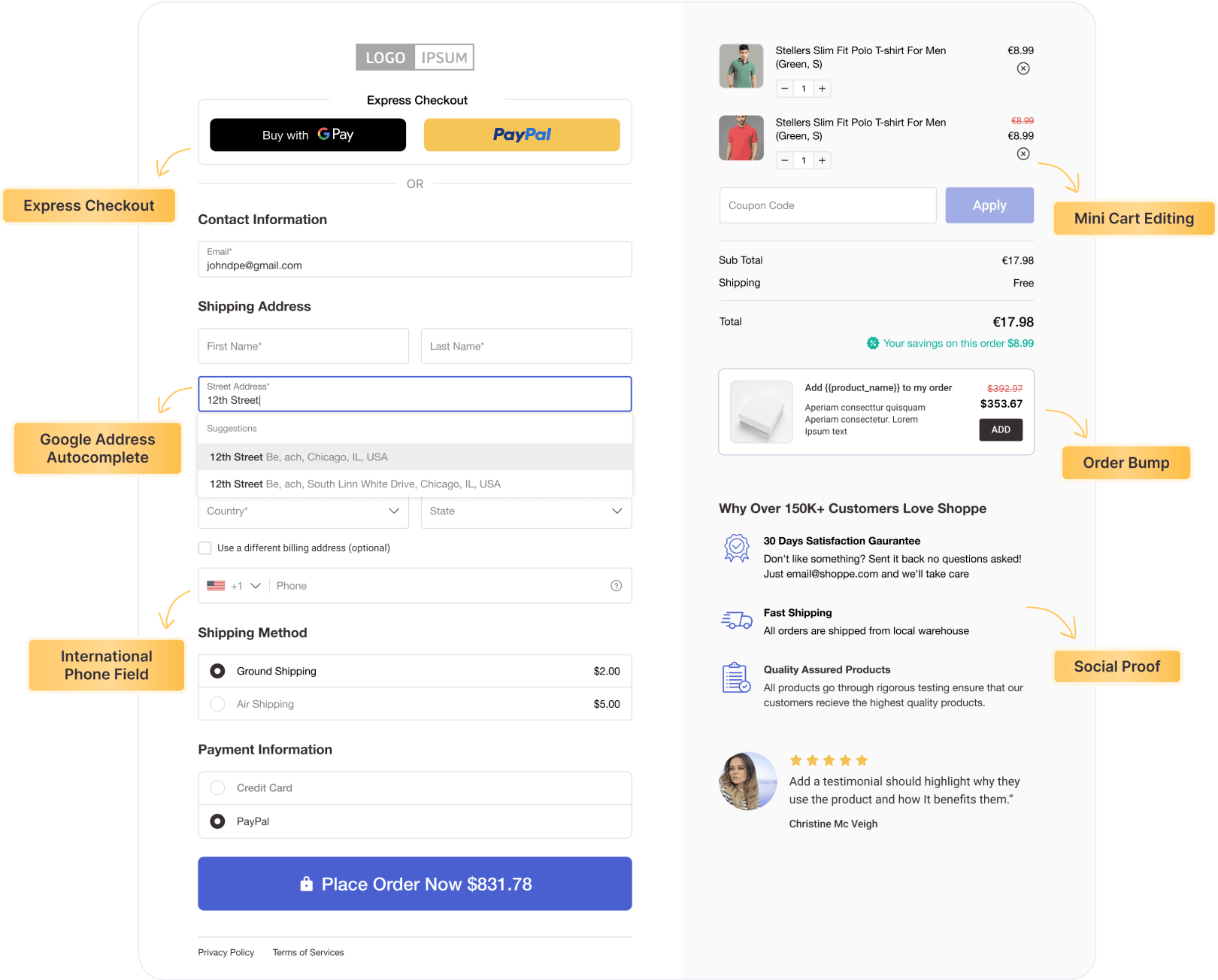 Conversion Optimized WooCommerce Checkout with Express Checkout, Mini Cart, Smart Login, Google Address Autocomplete, International Phone Field, Order Bump and Trust Assurance elements