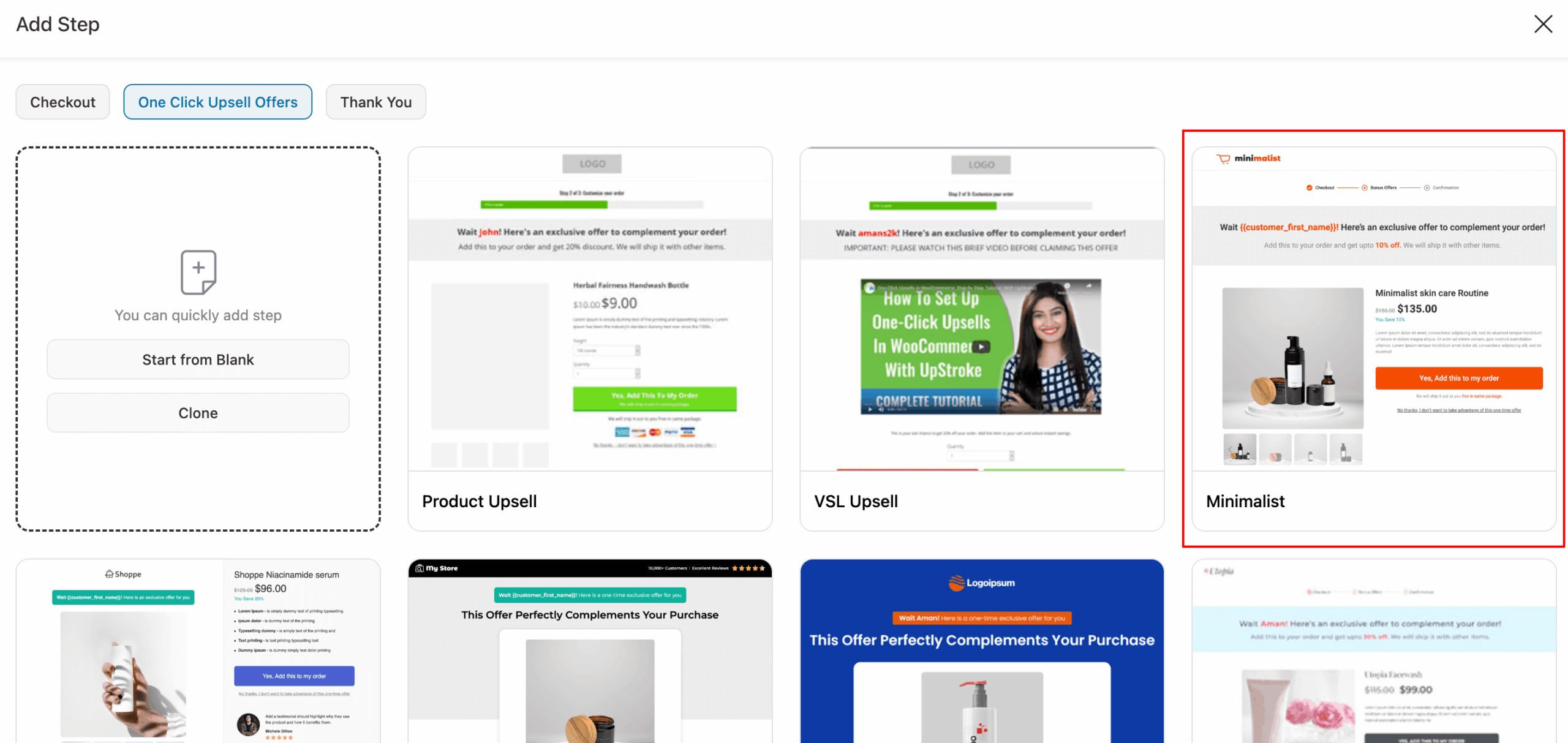 choose one click upsells template