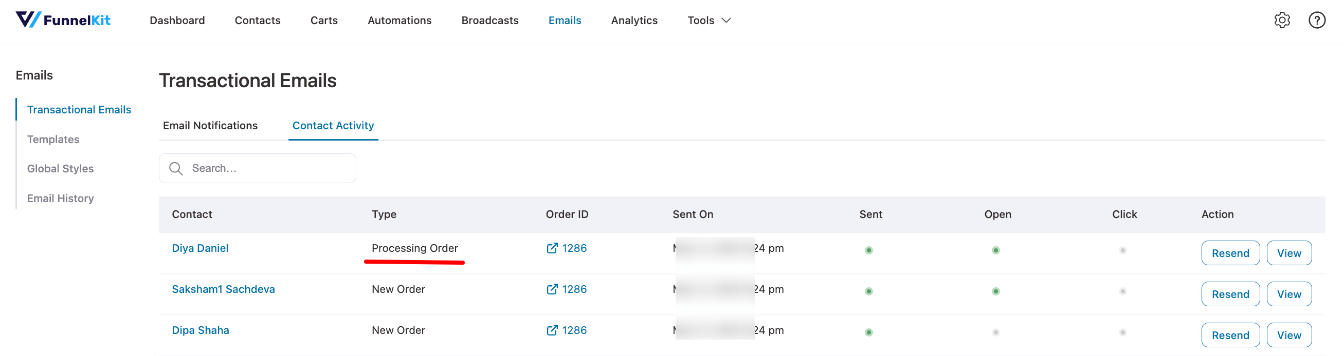 contact activity of order confirmation emails