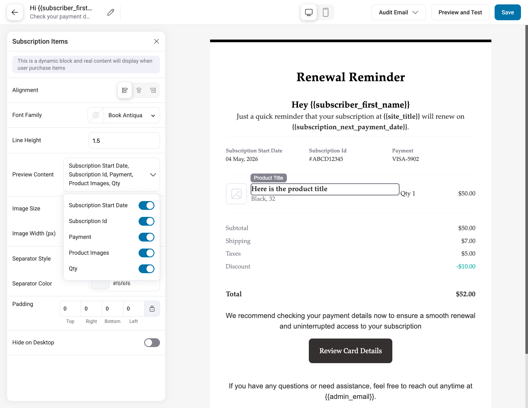 customize each section of a review reminder email