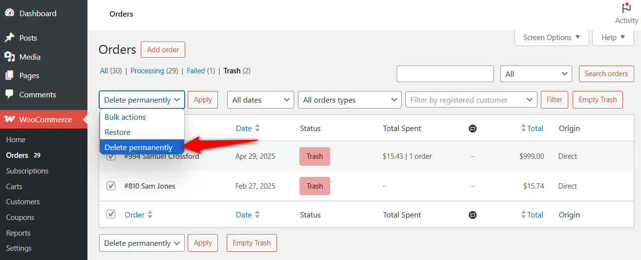 Permanently deleting test orders from WooCommerce