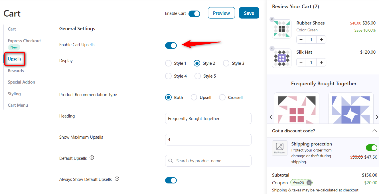 General settings of upsells