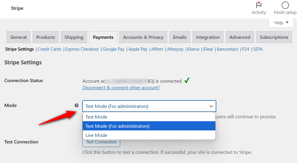Enable the Stripe test mode (for administrators) in WooCommerce