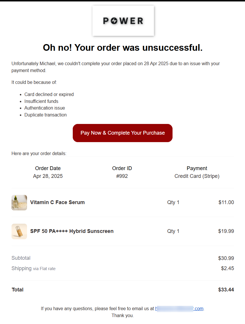 A beautiful failed order email notification used to handle failed Stripe payments 