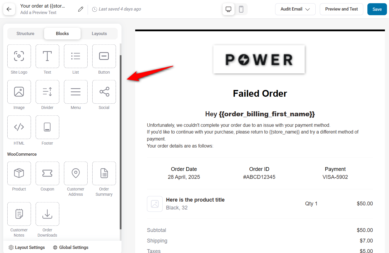 Use email customizer to design transactional and marketing emails using drag-and-drop content blocks