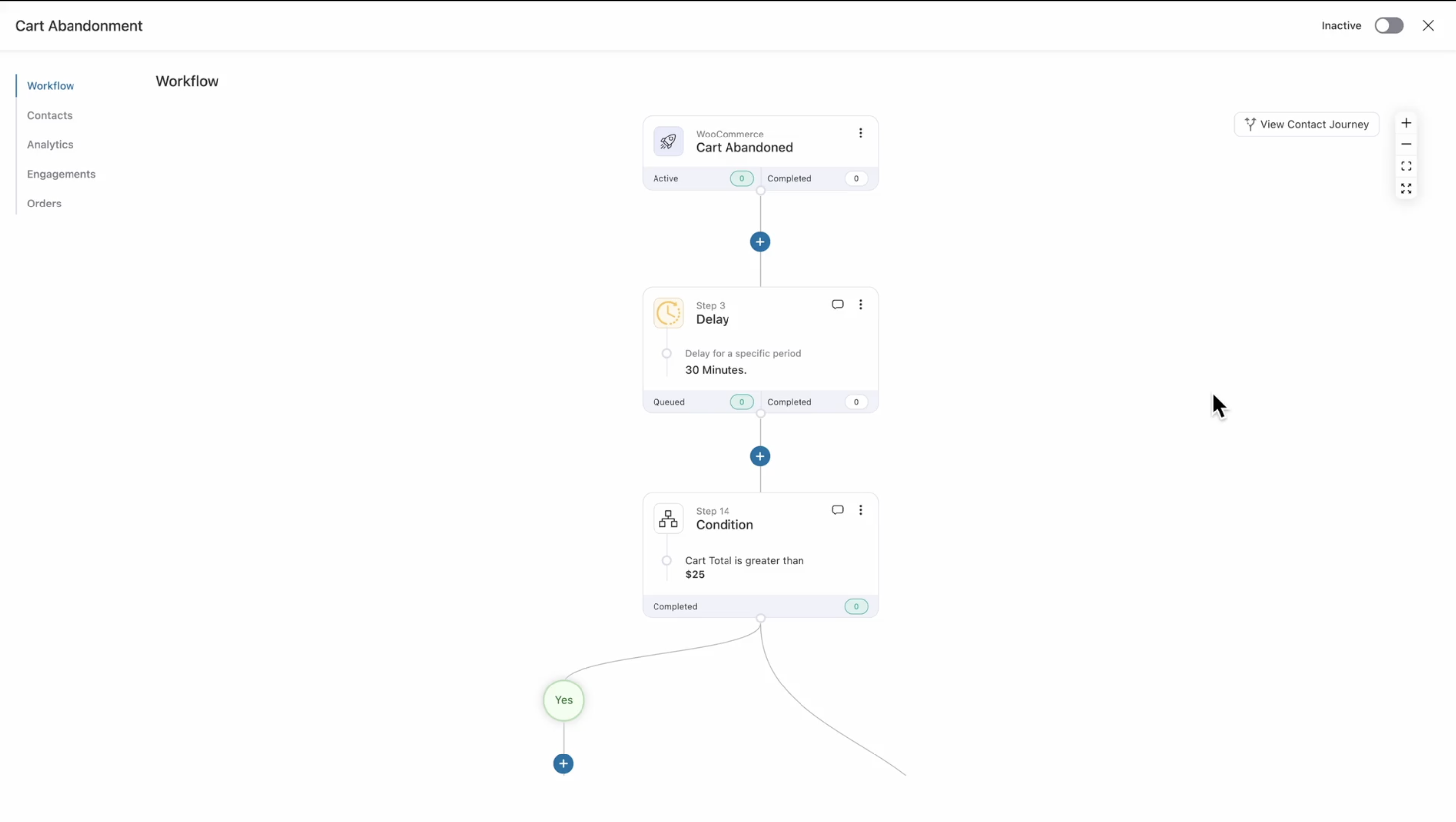 High-Converting WooCommerce cart abandonment sequence with abandoned cart trigger, delays, conditions, actions such as create coupons, send emails with dynamic content, cart items, unique recovery links to drive conversions.