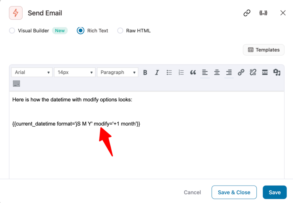 paste modified date time format in send email action