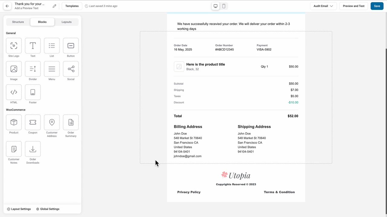 Customize WooCommerce emails with dynamic order summaries, coupons, customer addresses, product recommendations, along with powerful features to audit, preview and test emails with FunnelKit's visual drag and drop customizer tool.