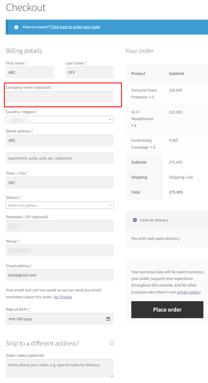 The default WooCommerce checkout page that includes the “Company Name” field.