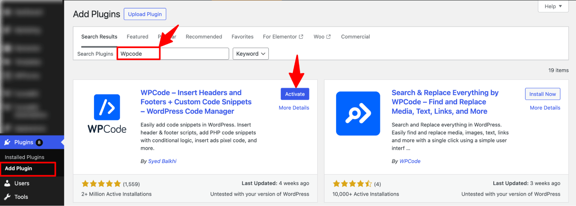install and activate wpcode