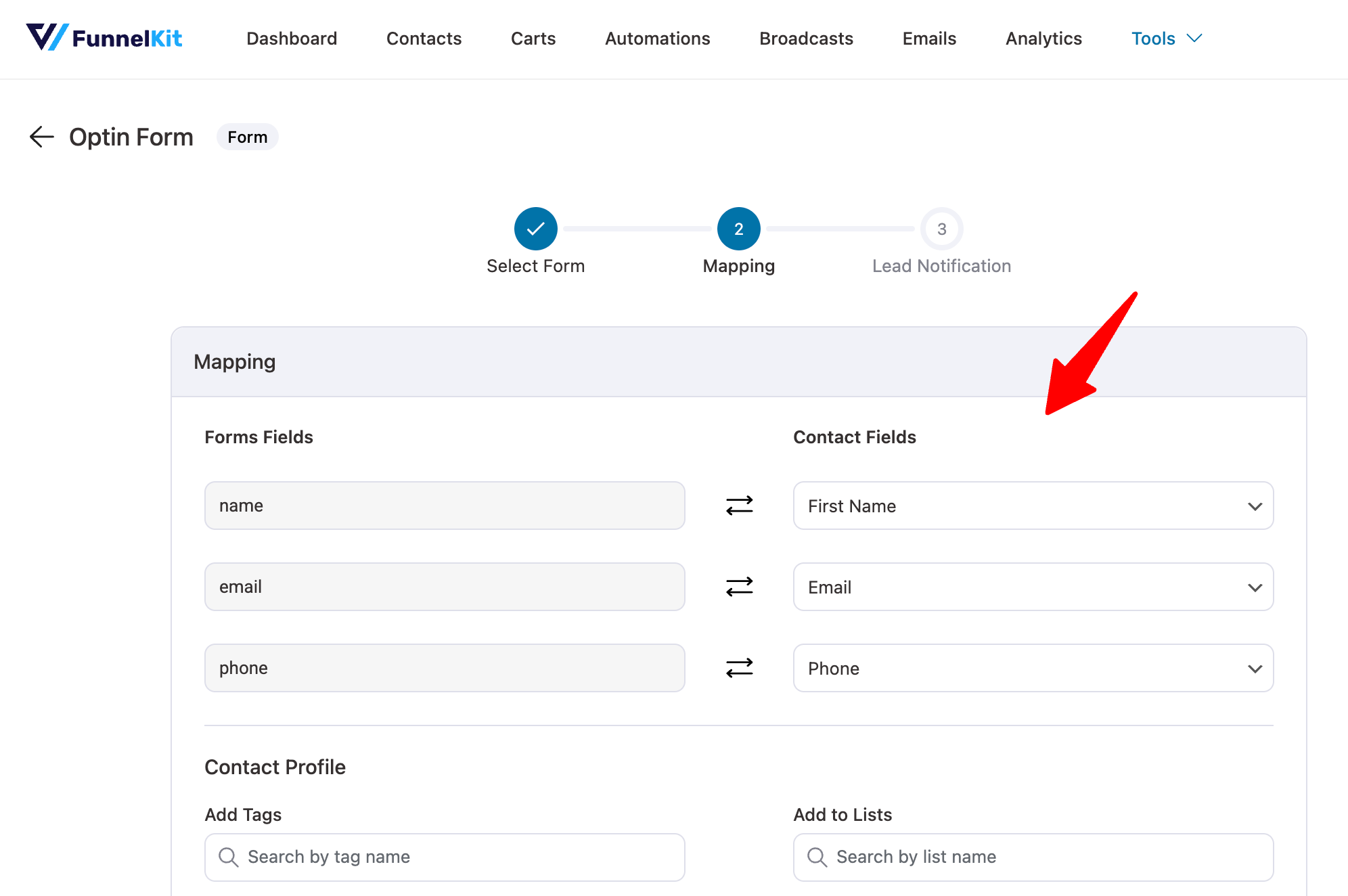 map contact fields for form