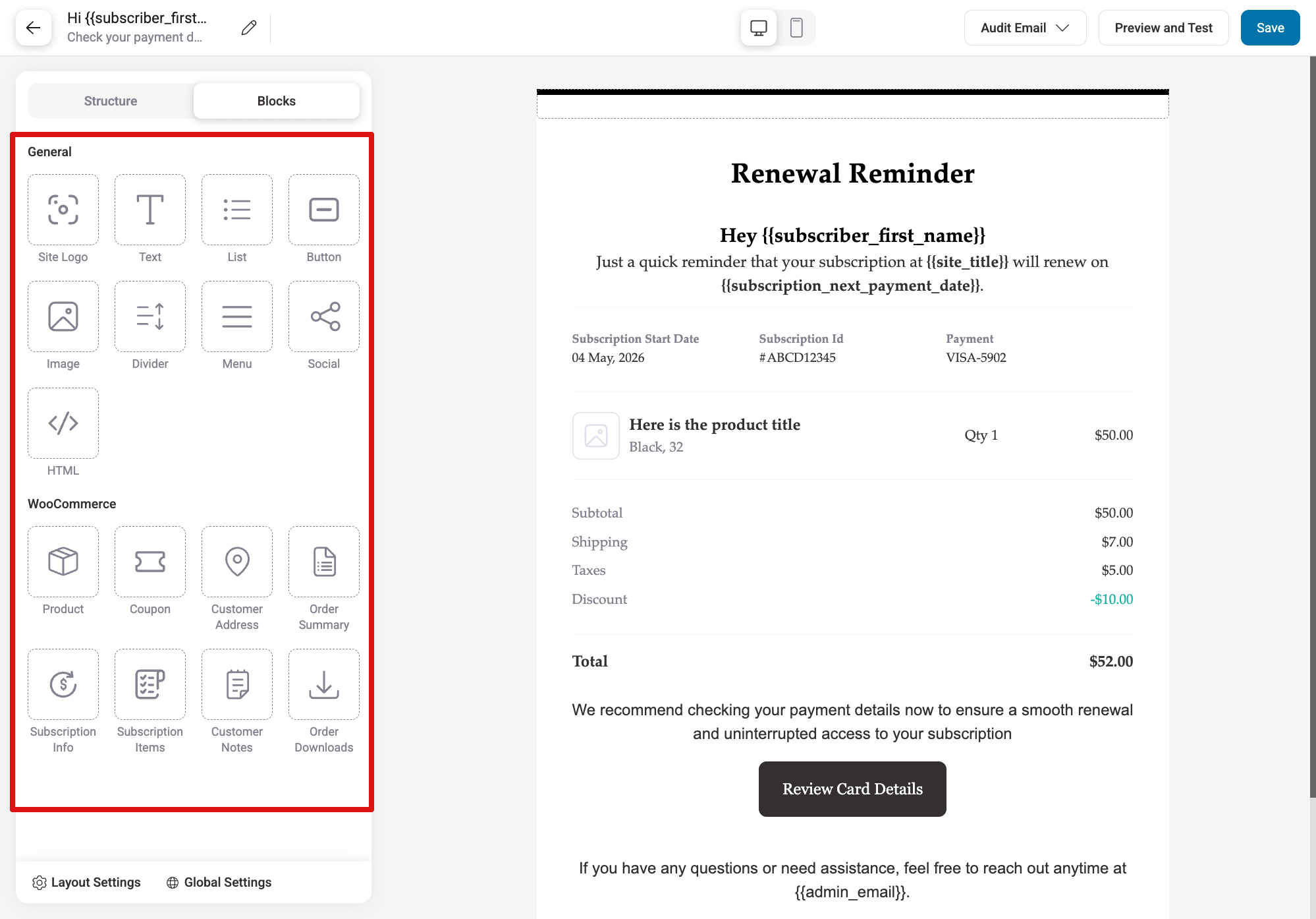 prebuilt blocks and WooCommerce blocks to create review reminder emails