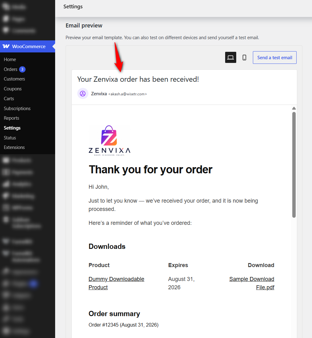 Click on the Customer processing order email and scroll down the preview section. WooCommerce renders it with placeholder order data, so you get the header, order table, button styles and footer as a customer would see them.