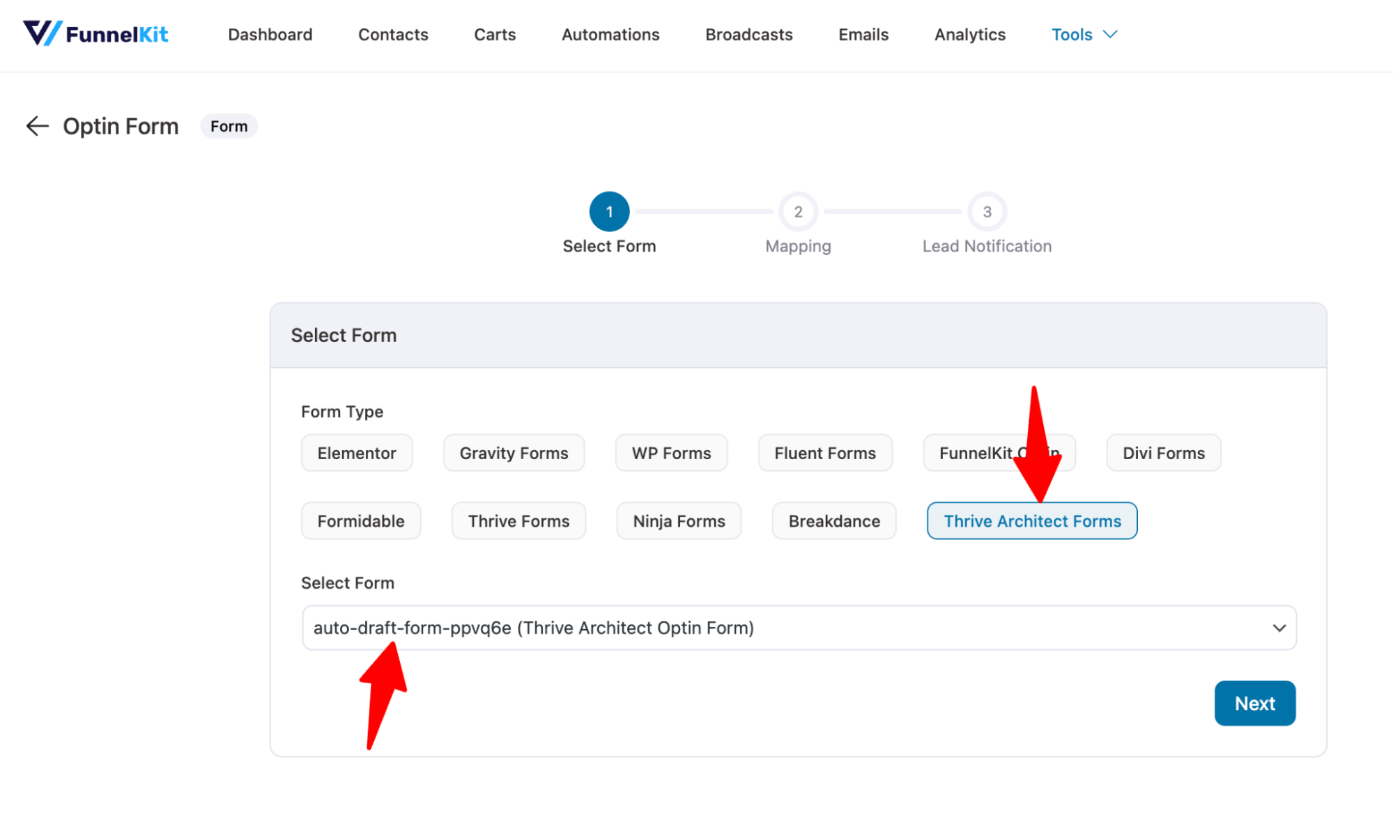 select form type as thrive architect forms
