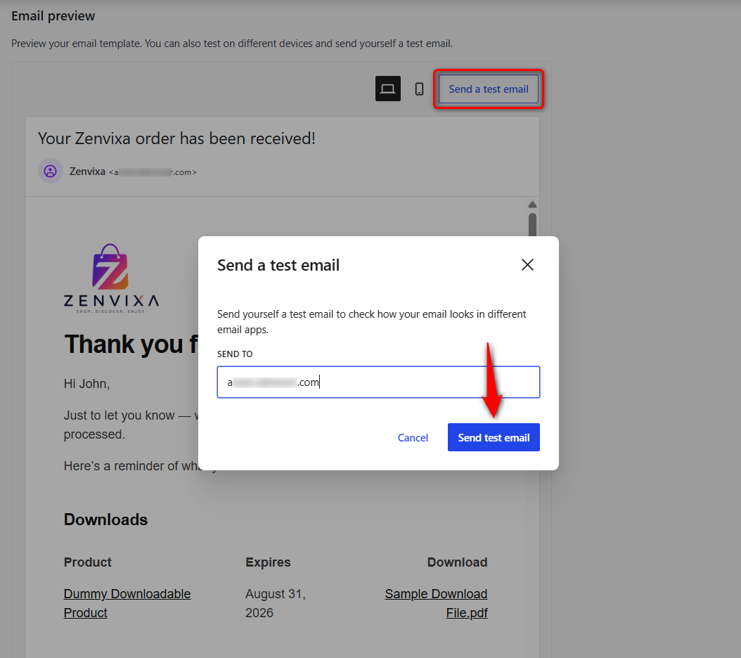 In the same Email preview panel, click 'Send a test email', enter your email address, and send it.