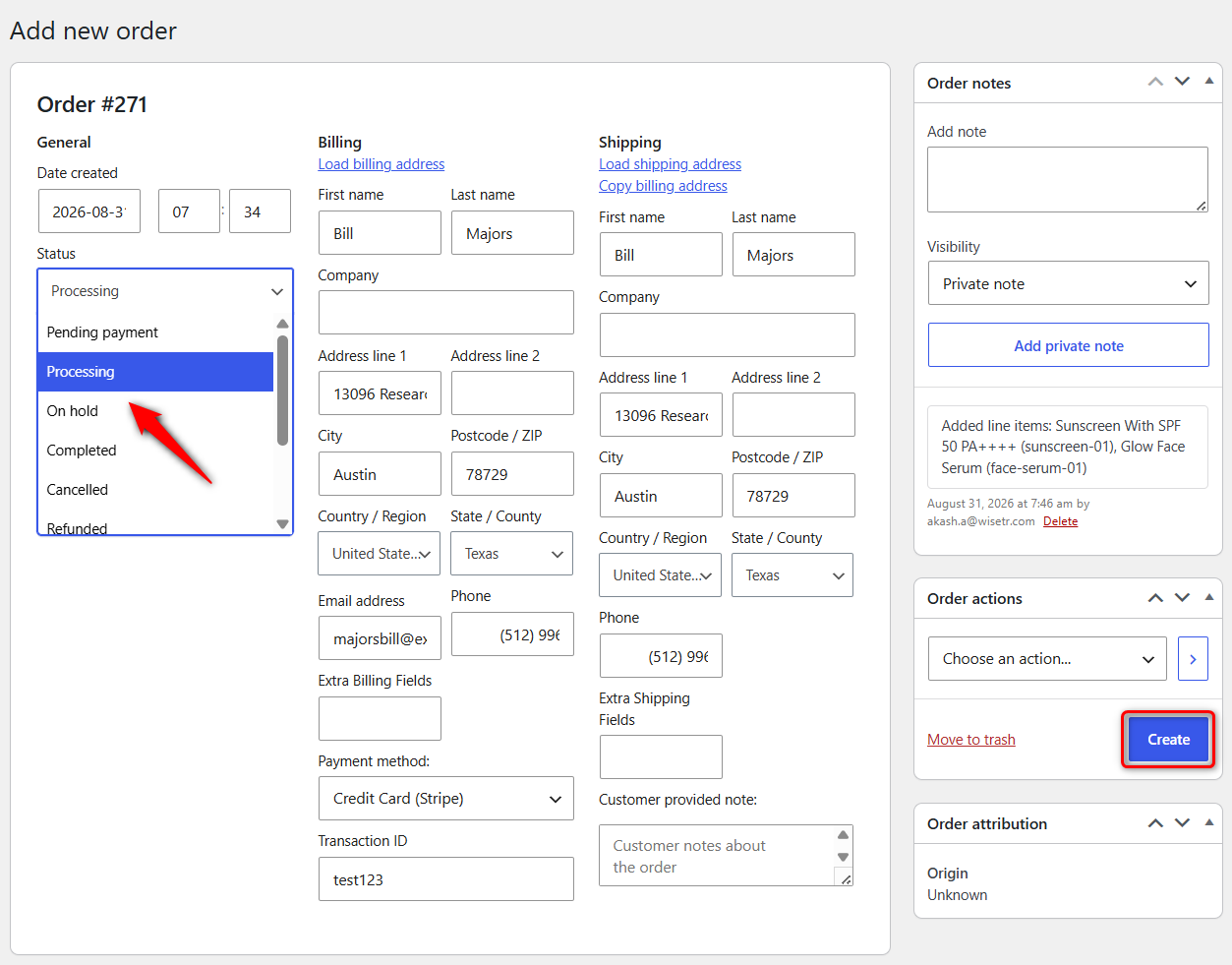 Switch the status to 'Processing'. That triggers the Customer processing order email and the admin New order email together.