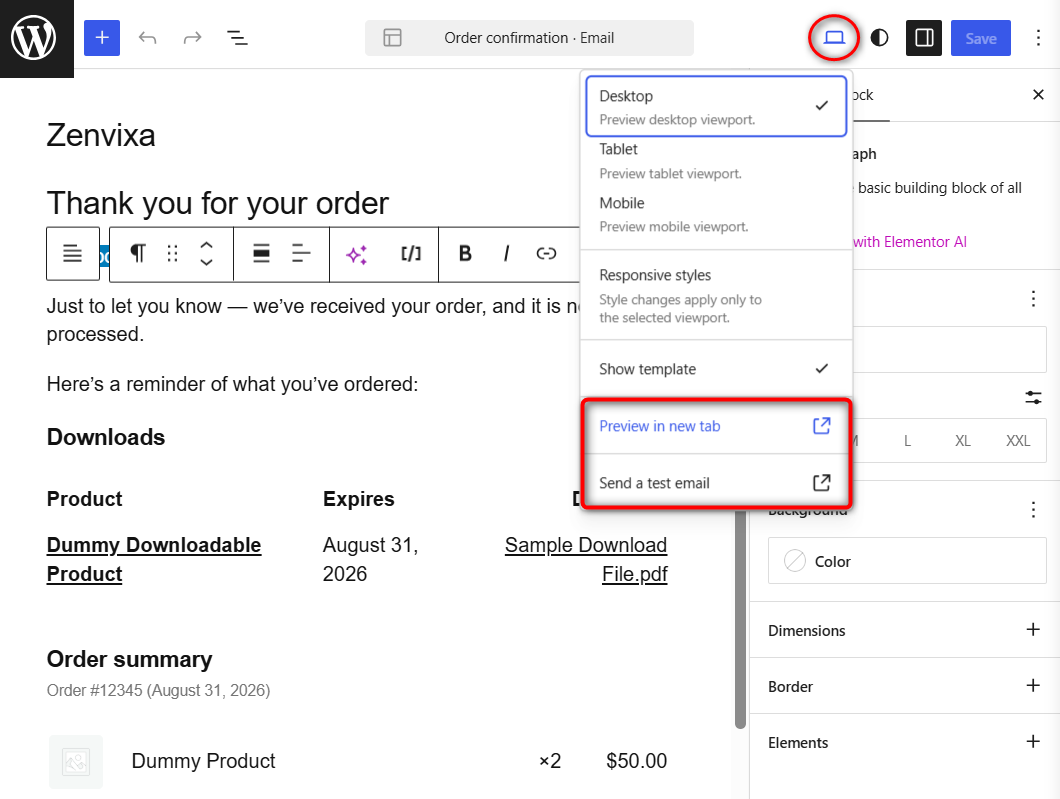 Inside the editor, the View menu gives you Preview in a new tab and Send a test email.