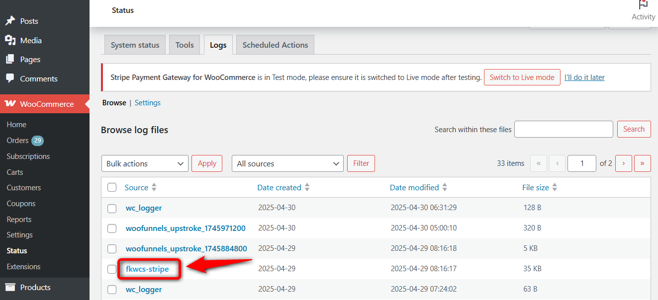 Find Stripe logs in WooCommerce status logs with the name fkwcs-stripe 