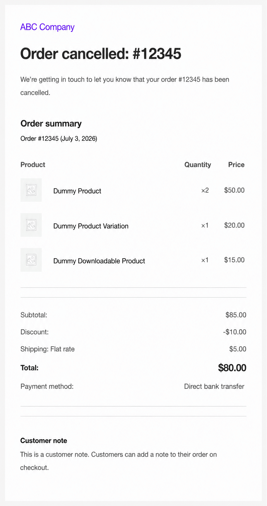 Native WooCommerce Canceled Order Email for Customers