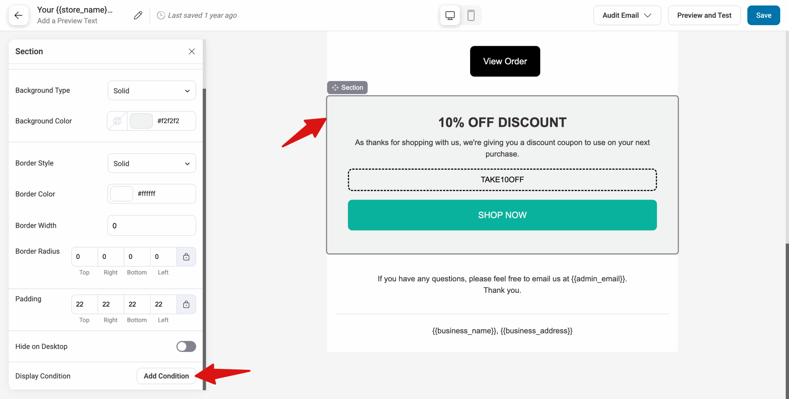 Open it in the Visual Builder. Next, click the block or section you want to make conditional. In the bottom-left panel, under _Display Condition_, click _Add Condition_, then Add New Condition.