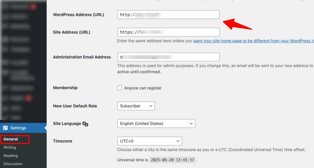 WordPress address and site address