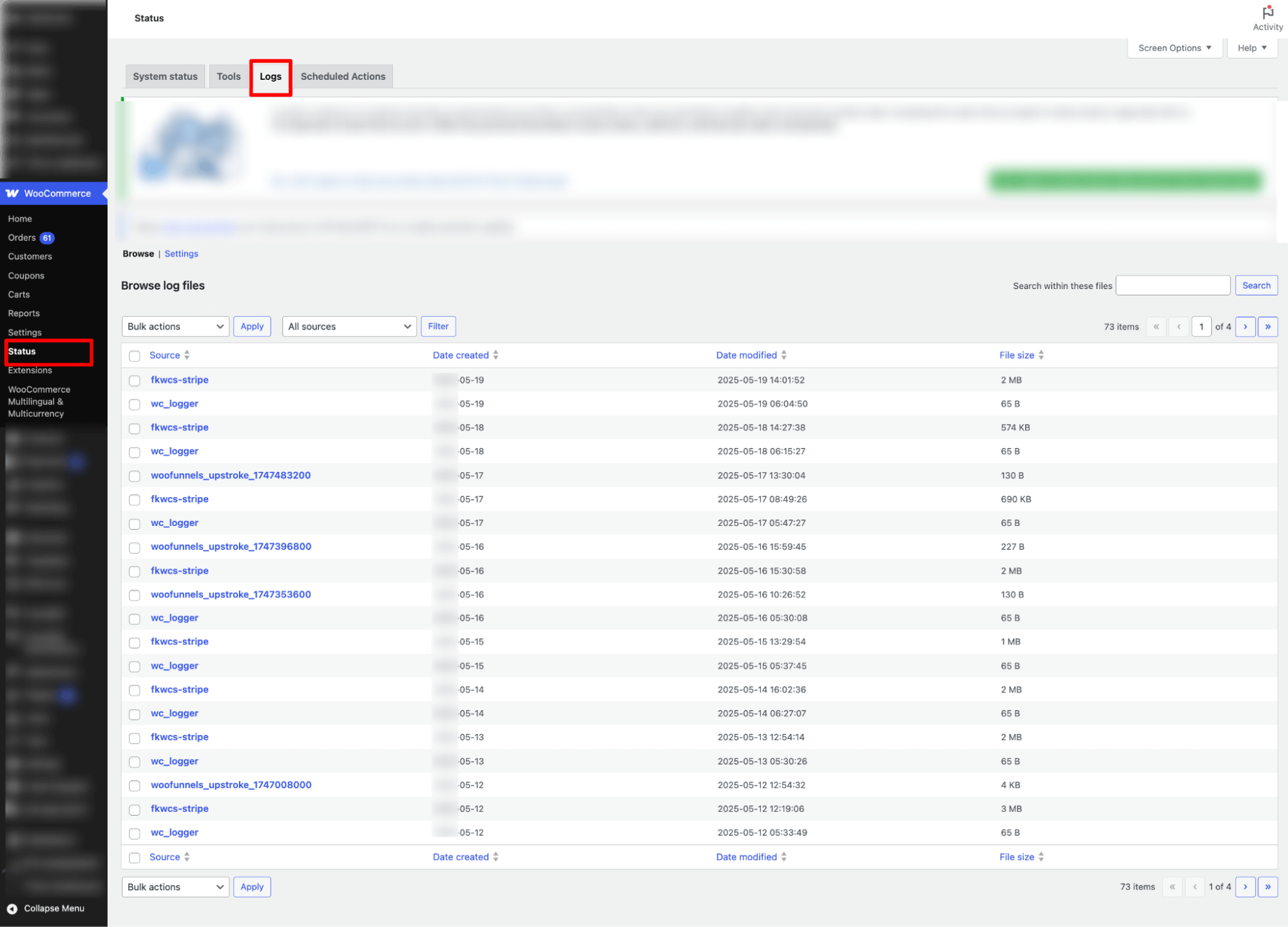 Wordpress status logs to solve woocommerce checkout page not loading​ issue 