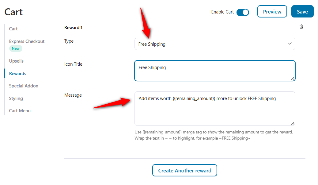 set up free shipping reward