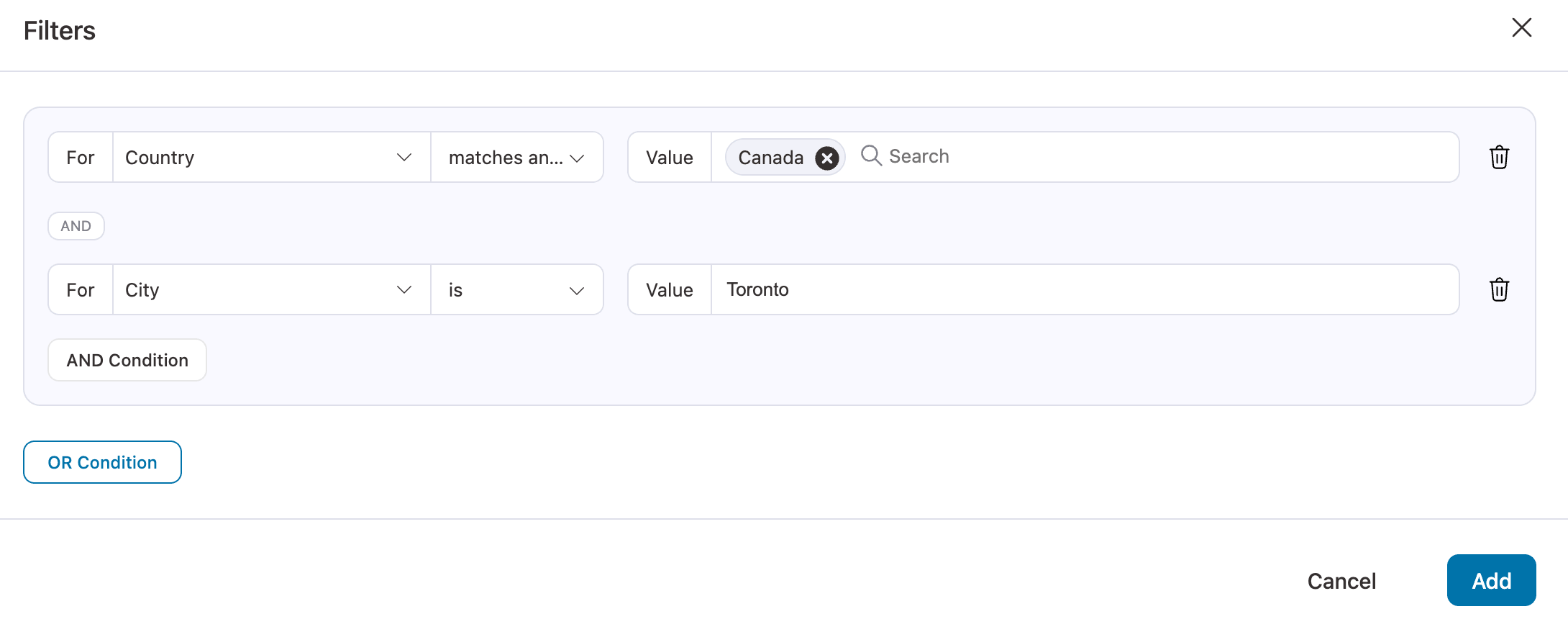 add multiple condition to create audience