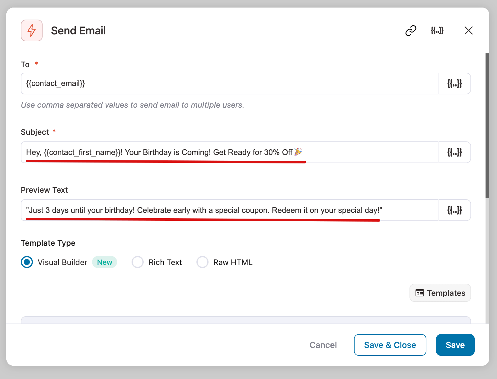 add the recipient’s email address, a subject, and preview text. Here you can personalize the email from our merge tag