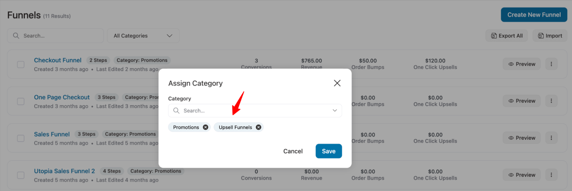 assign multiple categories to funnels