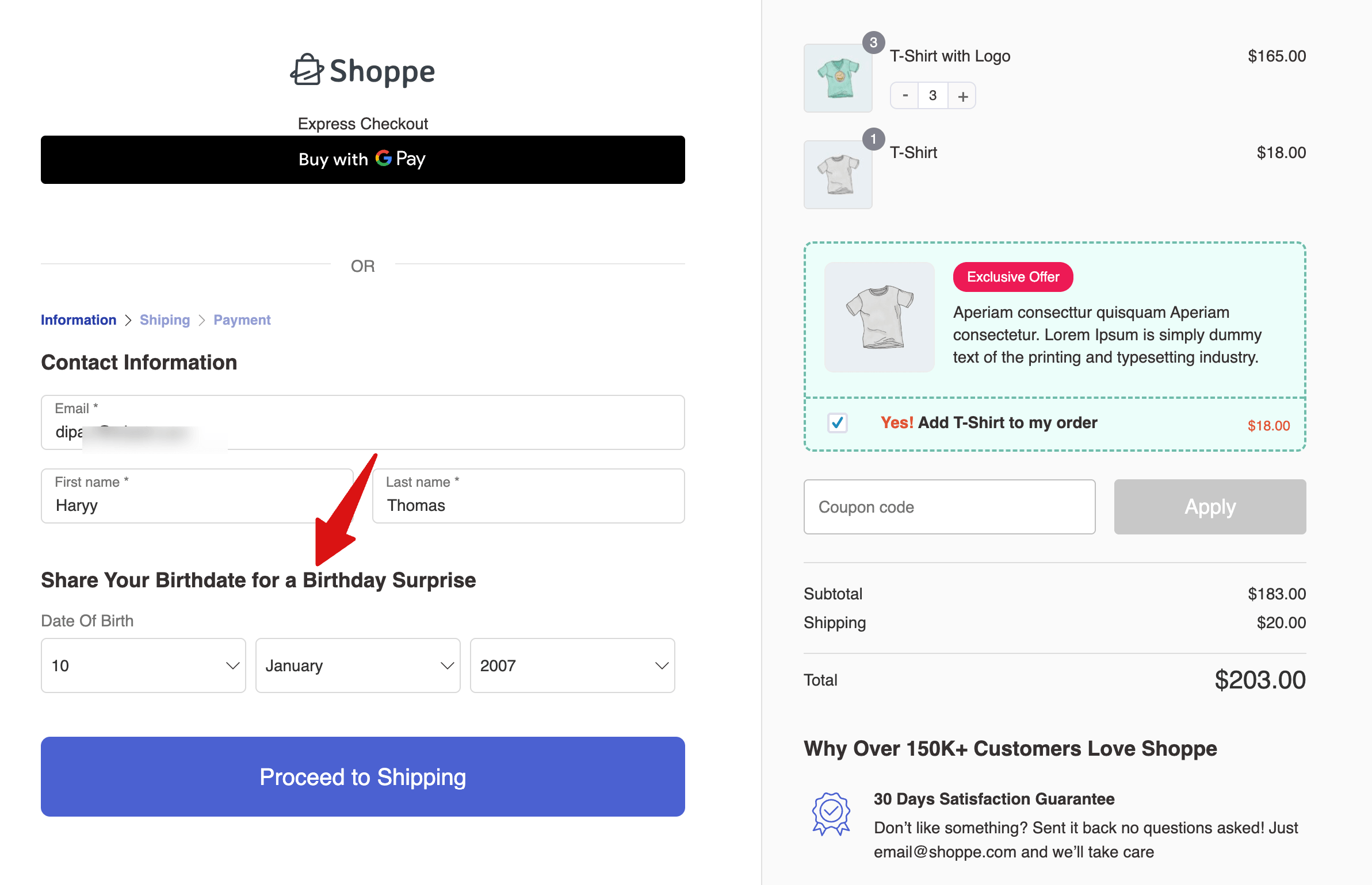 birthdate field at custom multi step checkout