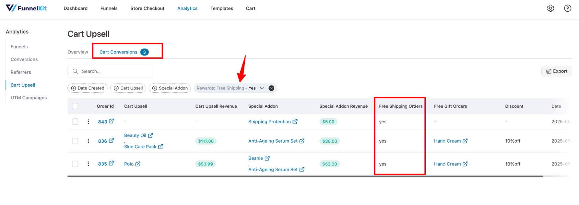 cart conversion filter with free shipping