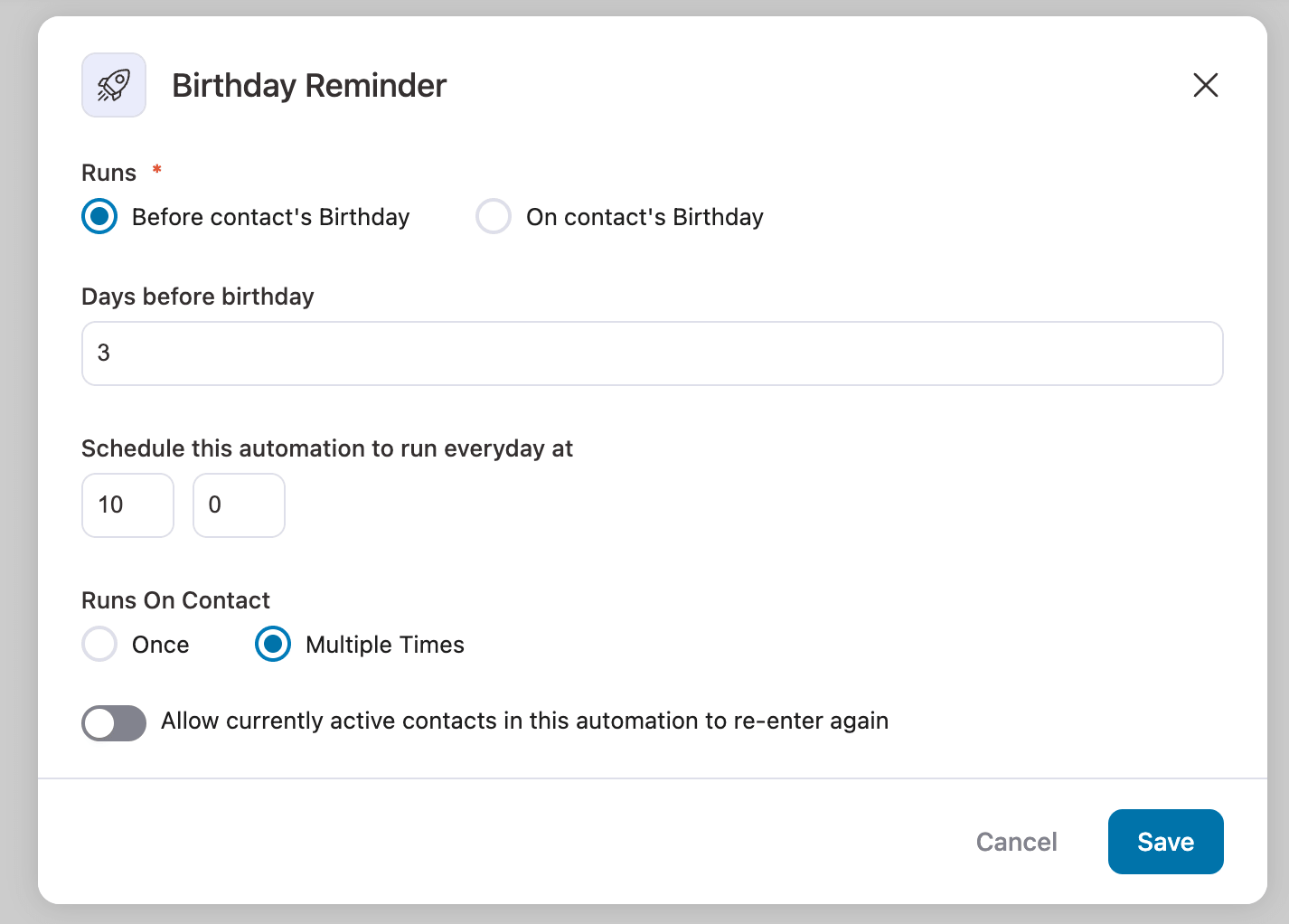 configure the birthday reminder to be three days before the recipient’s birthday, at 10-00 AM.