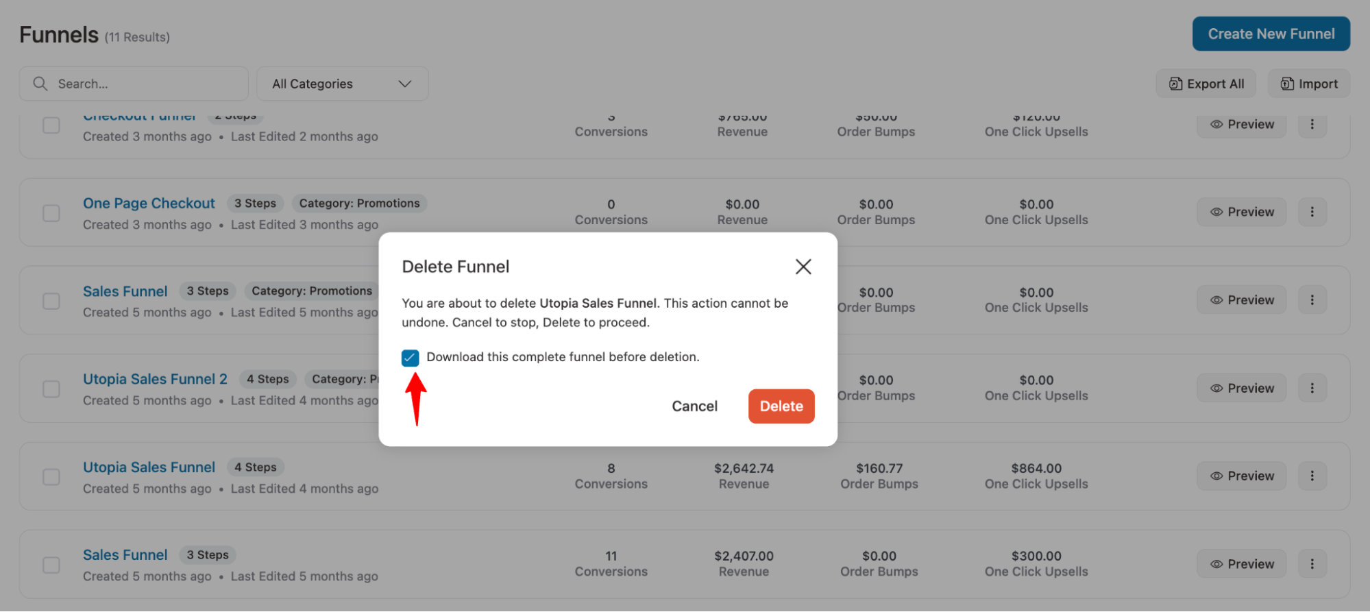 download funnel before deleting funnels