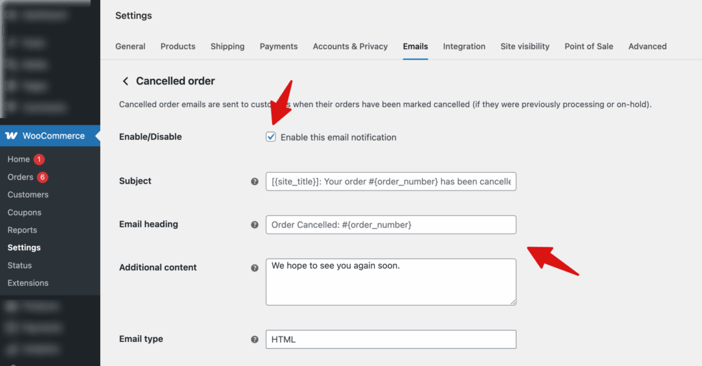enable default WooCommerce Send Order Canceled Emails to Customers 