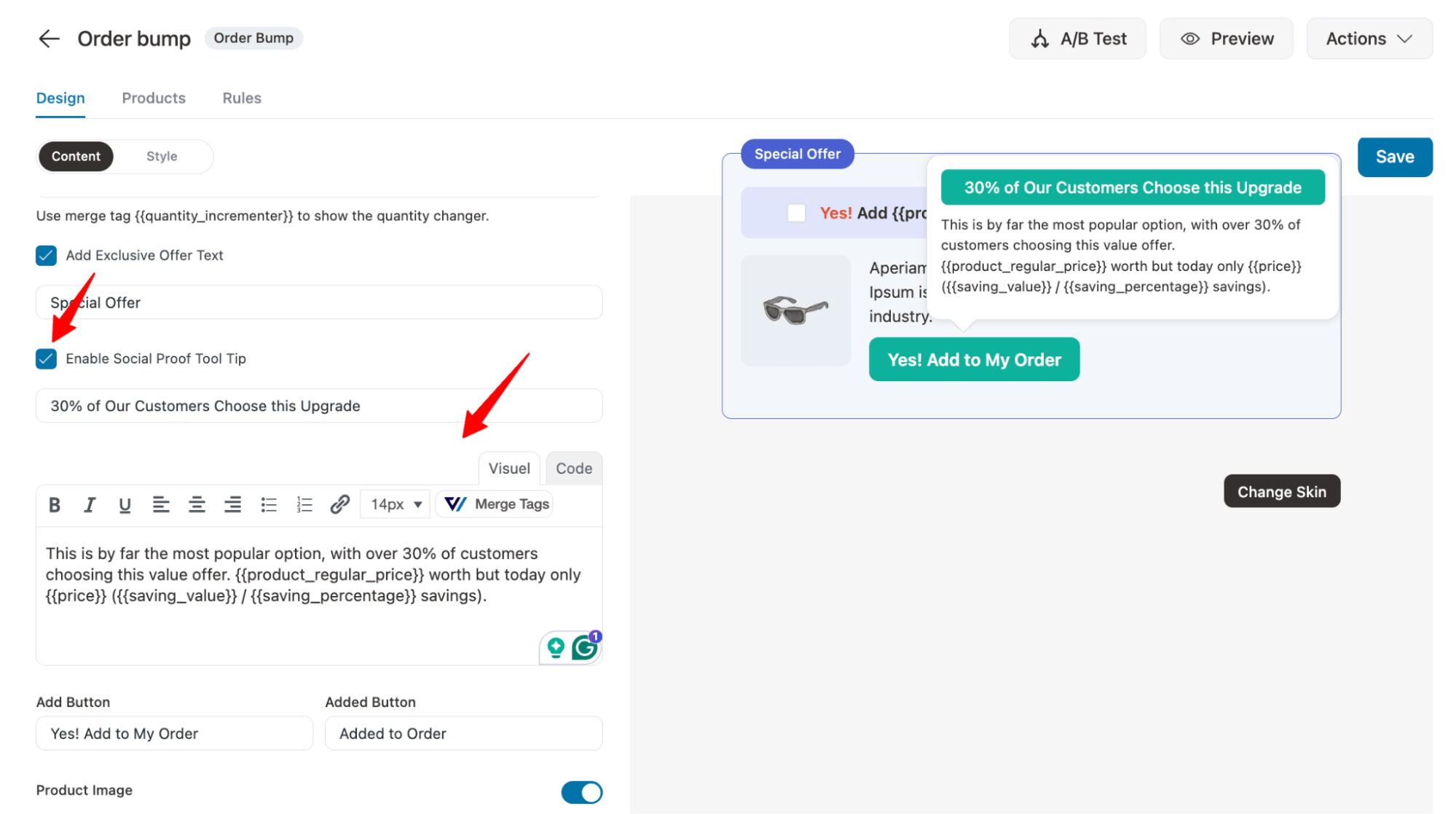 enable social proof tool tip