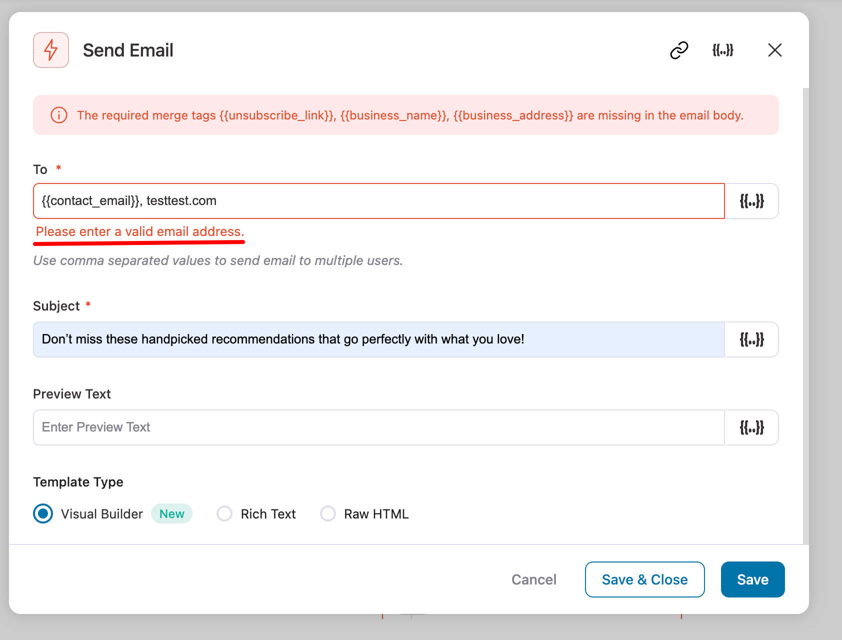 improved “To” Field Validation in Send Email Action