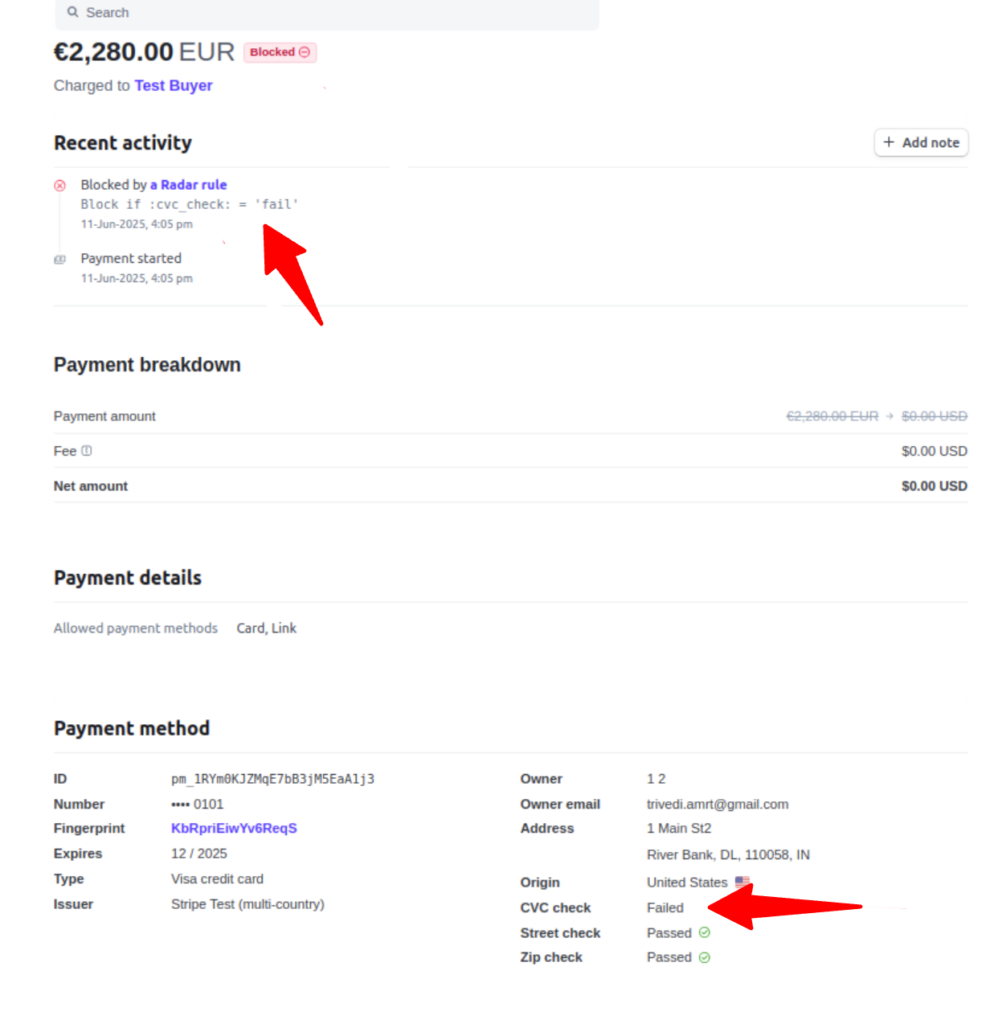 with incorrect CVC, Stripe will block this payment,