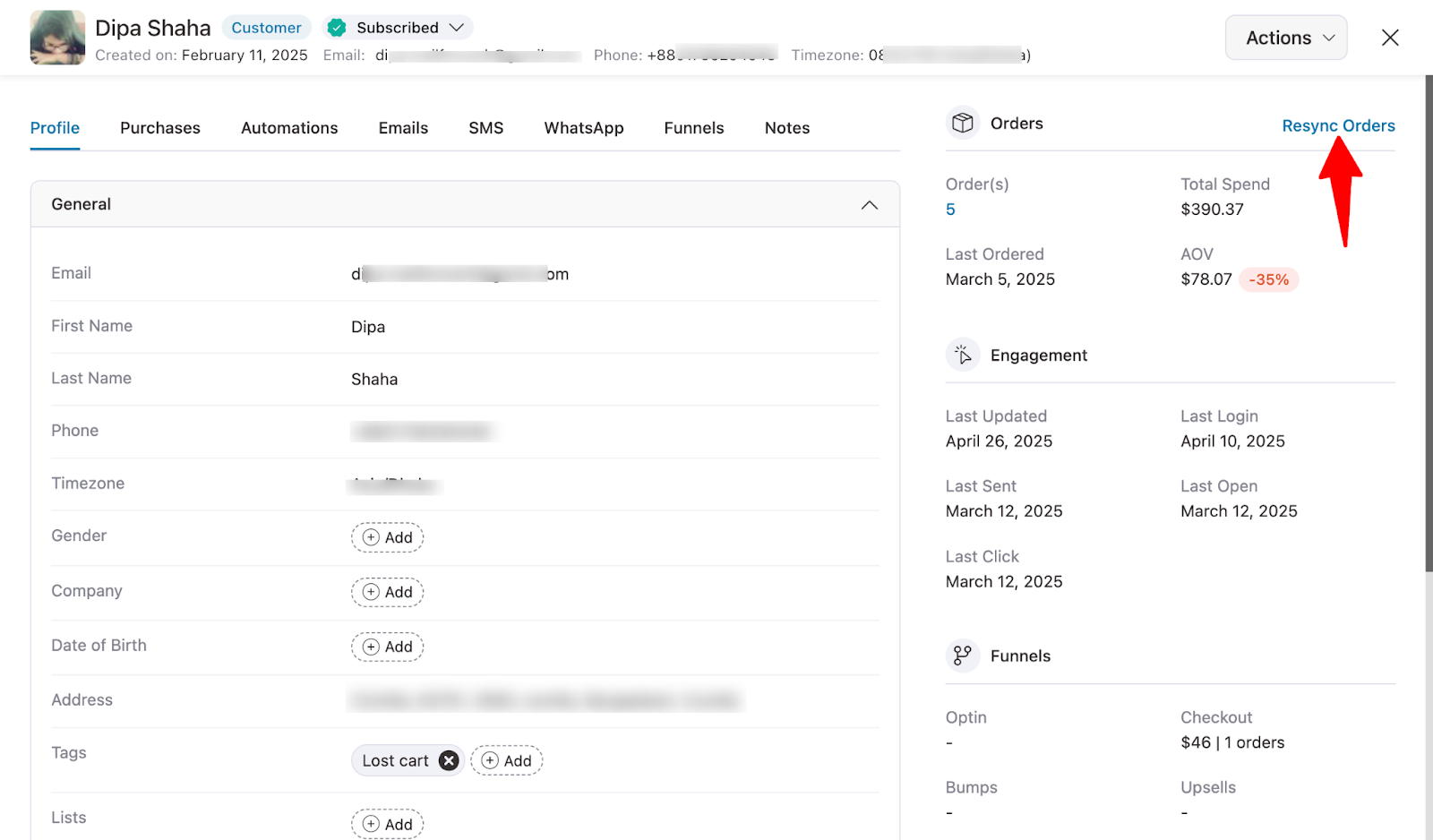 To resync orders for a specific contact, navigate to their contact profile and click the “Resync Orders” button in the top-right corner.