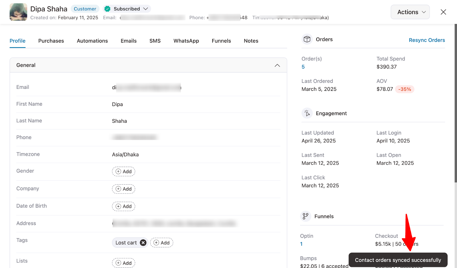 success message about the order resync at the bottom of the page.