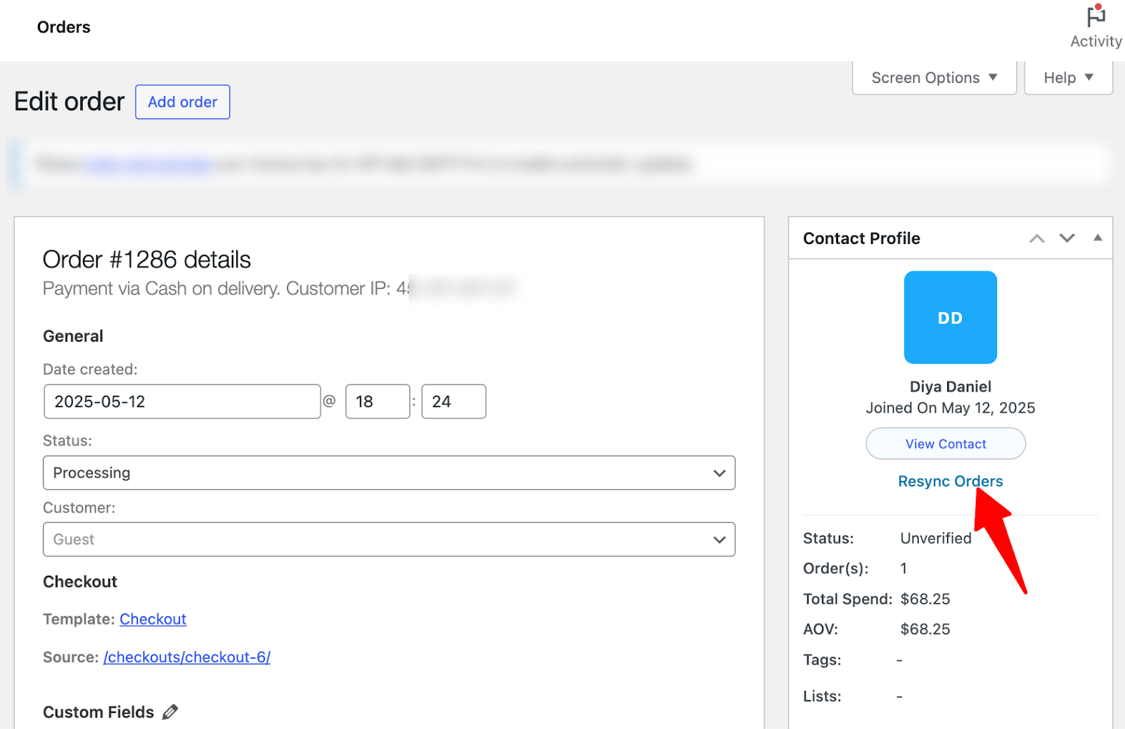 resync a particular order from WooCommerce