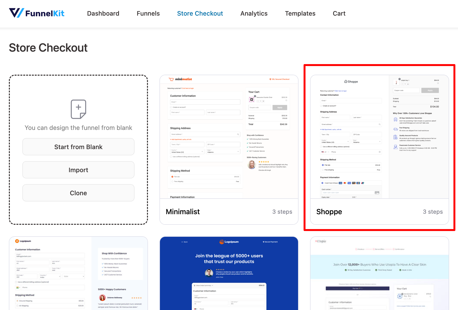 Selecting the Shoppe template for customizing the WooCommerce Place Order button